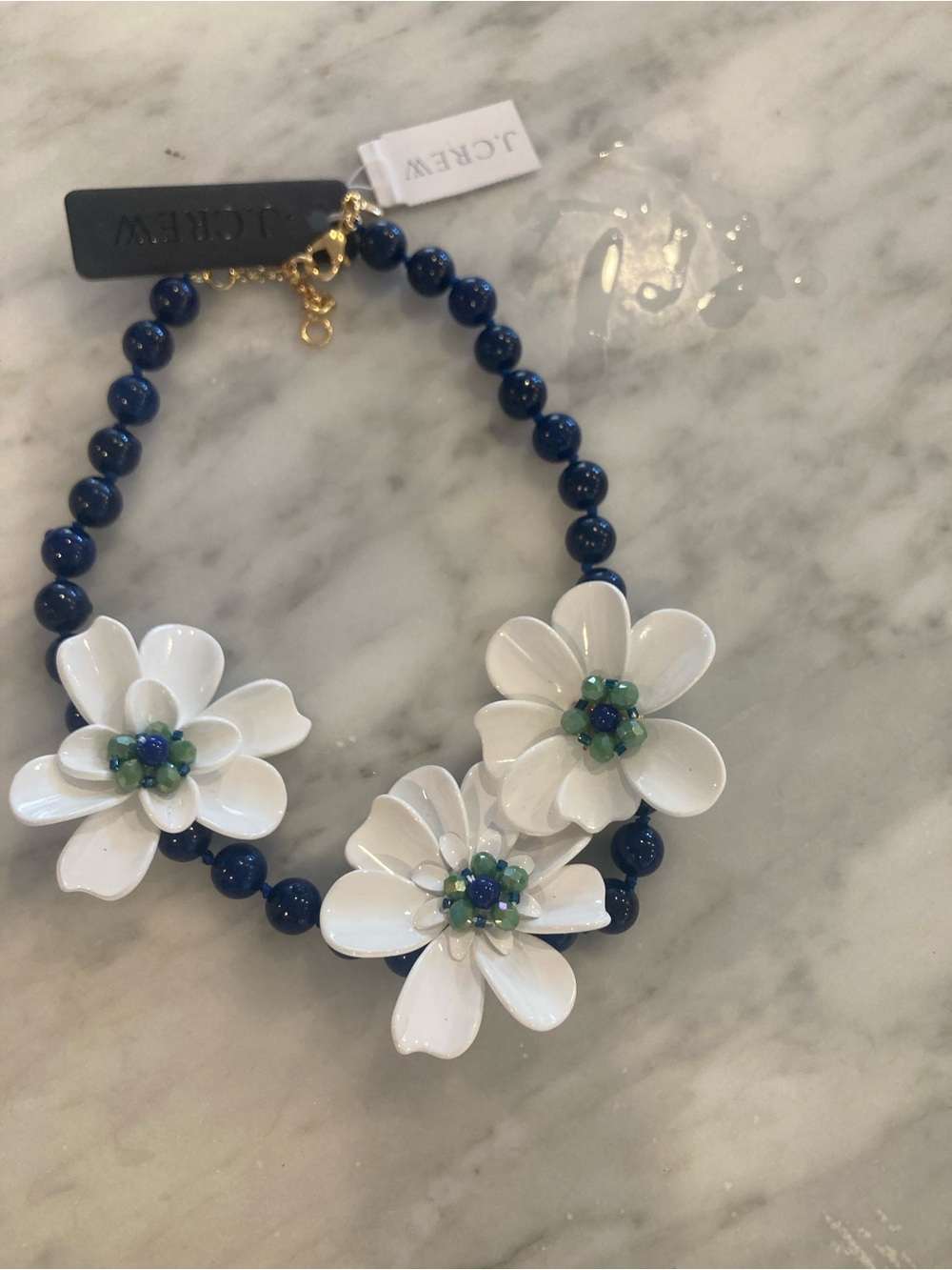 J. Crew White Floral Necklace with Navy Beads NWT